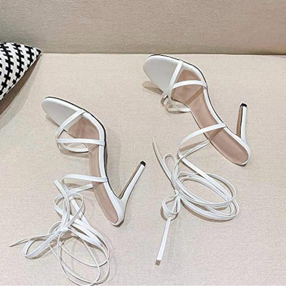 White Tie Up Strappy Heels Ankle Wrap Sandals Platform Stiletto Size 7 - Picture 9 of 10